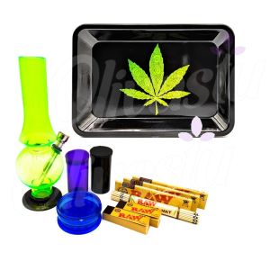 Black With Green Swirls Leaf Metal Rolling Tray Bong Set