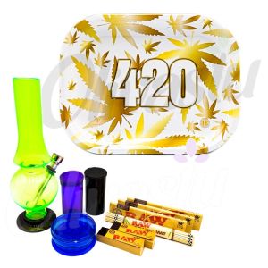 420 Gold Weed Leaf Metal Rolling Tray Bong Set