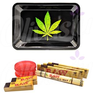 Black With Green Swirls Leaf Metal Rolling Tray Set
