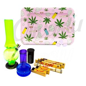 Cloud 9 Weed Design Pink Metal Rolling Tray Bong Set