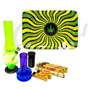 Green Wavy Hypnotic Leaf Metal Rolling Tray Bong Set