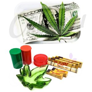 100 Dollar Green Leaf Metal Rolling with Ash Tray Set