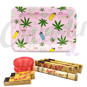 Cloud 9 Weed Design Pink Metal Rolling Tray Set