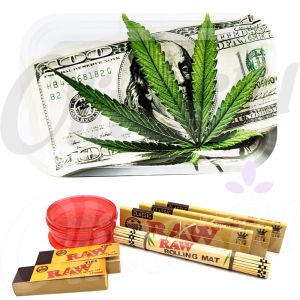 $100 Dollar Green Leaf Metal Rolling Tray Set