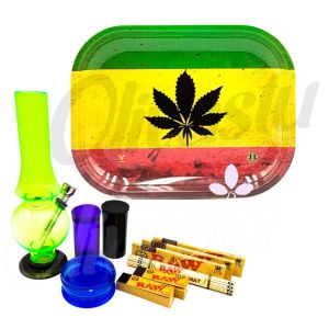 Rasta Black Leaf Metal Rolling Tray Bong Set