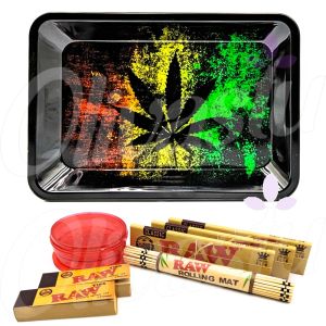 Black Leaf Rasta Metal Rolling Tray Set