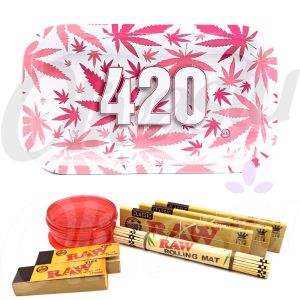 420 Pink Weed Leaf Design Metal Rolling Tray Set