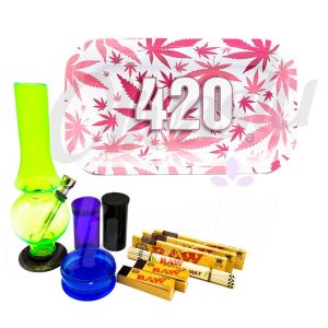 420 Pink Weed Leaf Design Metal Rolling Tray Bong Set
