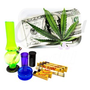 100 Dollar Green Leaf Metal Rolling Tray Set